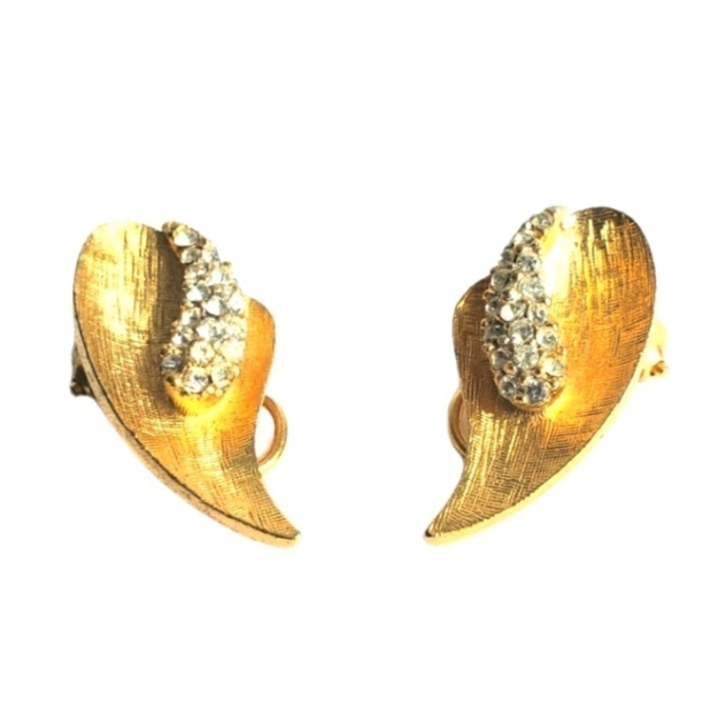 Vintage Rhinestone Gold Tone Earrings Organic Leaf Shape Clip-One 60s BSK